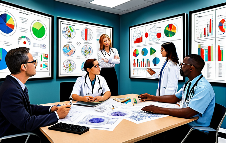 ** A vibrant, collaborative workspace filled with diverse professionals (doctors, engineers, artists, economists) brainstorming ideas. They are surrounded by visual representations of their respective fields (medical scans, blueprints, abstract art, financial charts) merging together. The overall atmosphere is energetic and innovative, symbolizing the fertile ground for creativity in interdisciplinary collaboration.
**