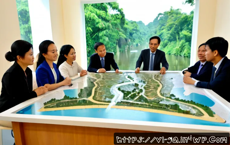 학제간 연구와 정책적 연계 - Photorealistic interdisciplinary policy workshop in a modern Hanoi research institute, Vietnamese en...